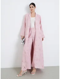 Women Notch Lapel Textured Abaya and Pants Modest Set - 1