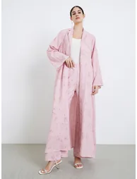 Women Notch Lapel Textured Abaya and Pants Modest Set