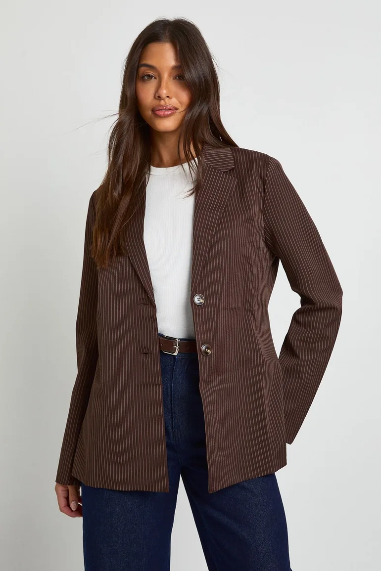 Pinstripe Oversized Tailored Blazer - chocolate