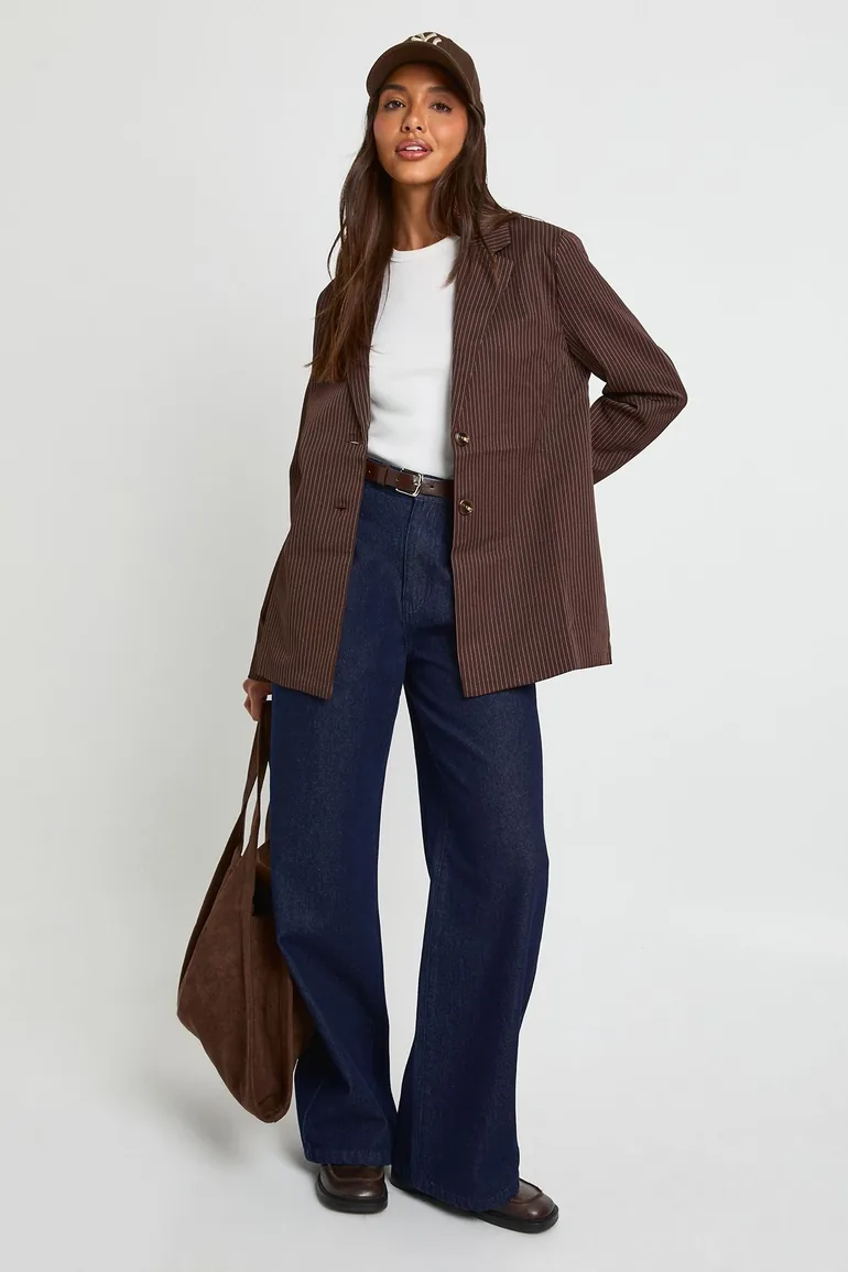 Pinstripe Oversized Tailored Blazer - chocolate - 2