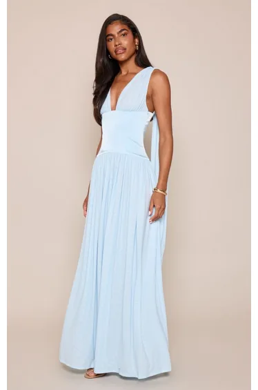 Baby Blue Mesh Plunge Corset Sleeveless Maxi Dress