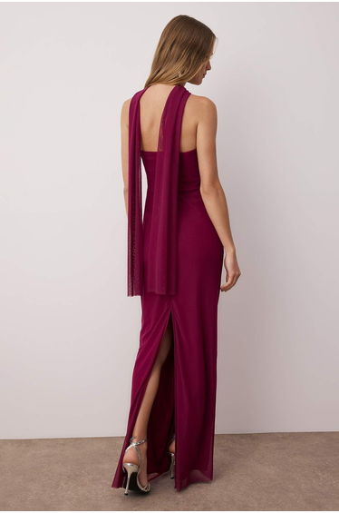 Plum Shawl Detailed Tulle Knitted Maxi Evening Night Graduation Dress product thumbnail 4