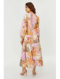 Multicolored Linen Look Belted Dress - 4