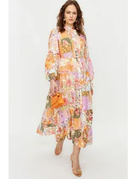 Multicolored Linen Look Belted Dress