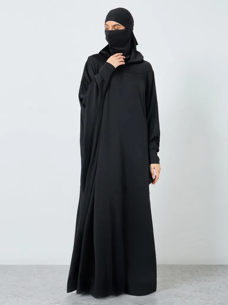 Solid Batwing Sleeve Hooded Abaya - 3