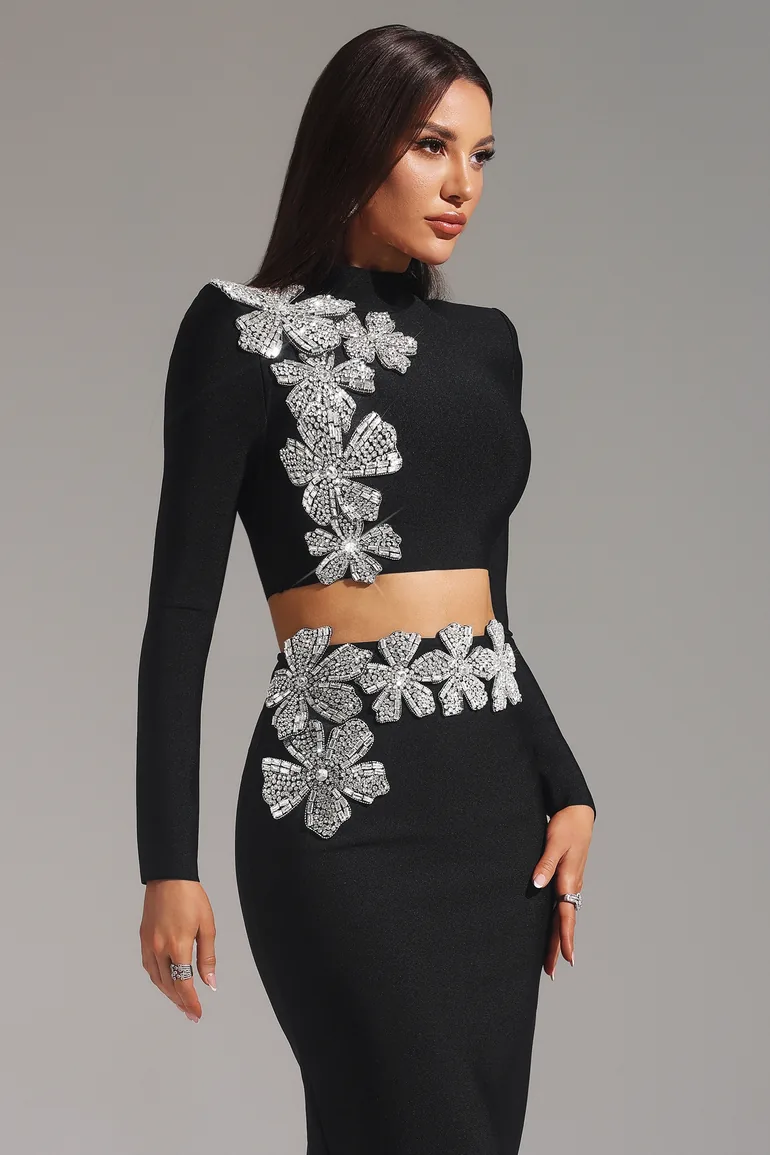 Ulama Choker Long Sleeve Diamond Flrs Bandage Maxi Two-Piece Set - 2