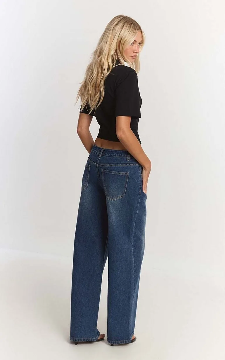 Dark Blue Wash Low Rise Wide Leg Jeans - 1