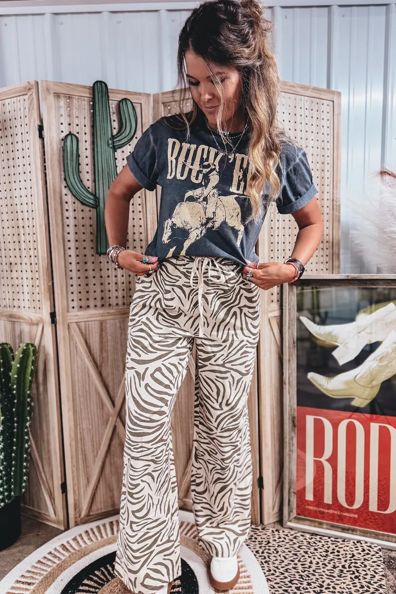 Lvness Multicolour Western Print Zebra Pattern Elastic Waist Pocket Full-Length Pants - 6
