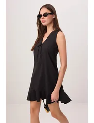Black Ruffled Sleeveless Short / Mini Stretchy Woven Dress - 1