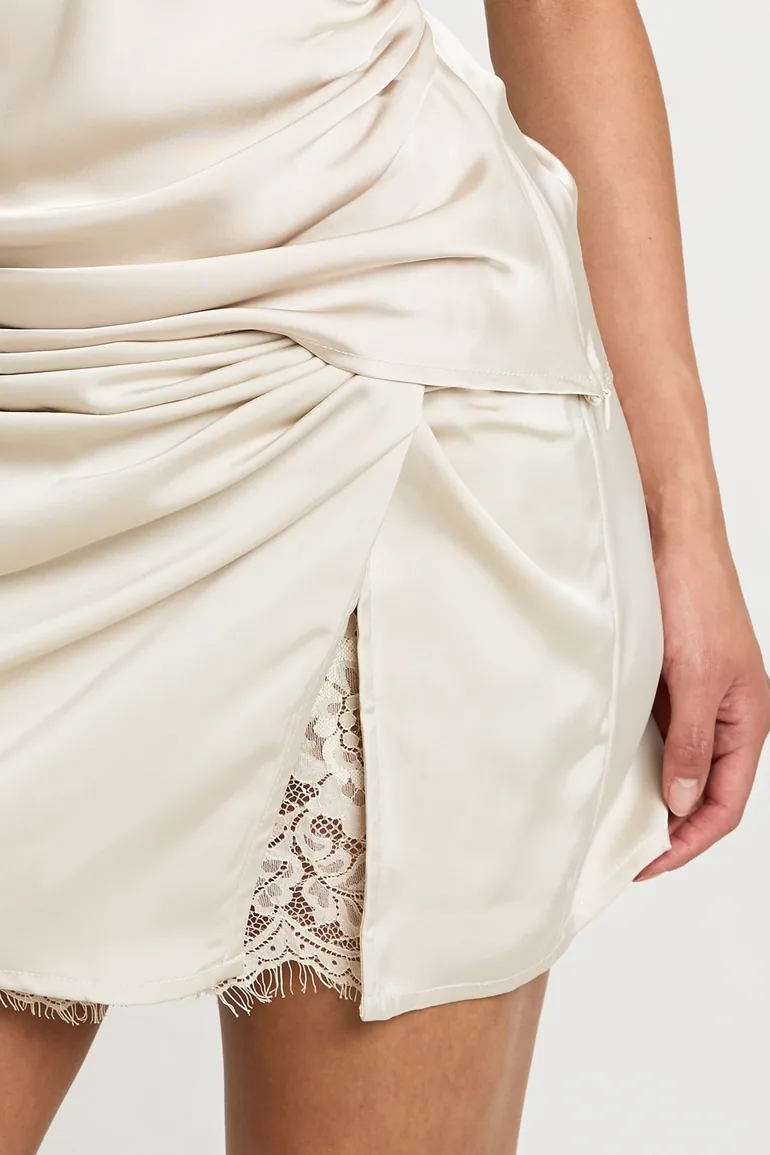 Lace Insert Satin Mini Skirt - oyster - 3