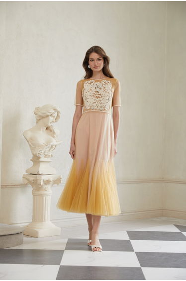 Despoina Yellow Floral Braided Tulle Midi Dress