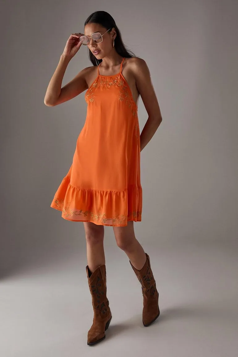 HCD Chiffon Embroidered Halter Mini Dress Warehouse Orange : Holiday Dresses  : VogaCloset Qatar