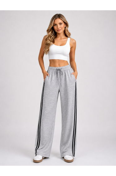 Grey High Rise Loose Fit Joggers with Side Stripes