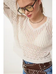 Women's Cream V-Neck Openwork Crop Knitwear Sweater - 1