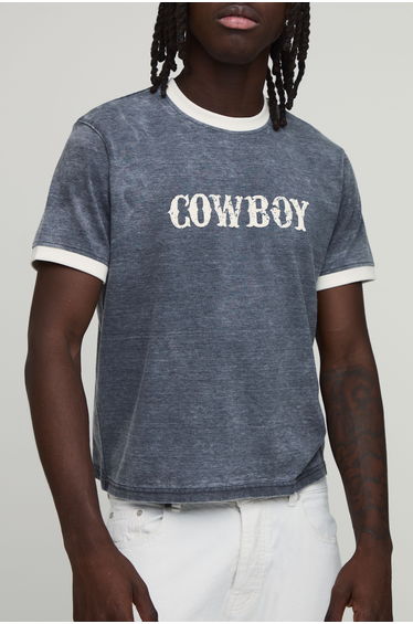 Regular Ringer Slub Cowboy Club Puff Print T-Shirt - black