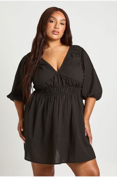 Plus Linen Look Puff Sleeve Shirred Waist Skater Dress - black