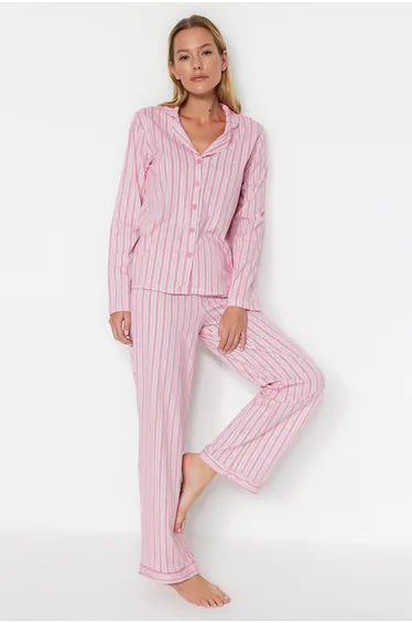 Pink 100% Cotton Striped Shirt-Pants Knitted Pajamas Set