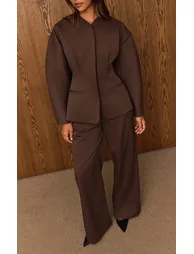 Dark Brown Premium Woven Tailored Wide Leg Pleated Pants - 1