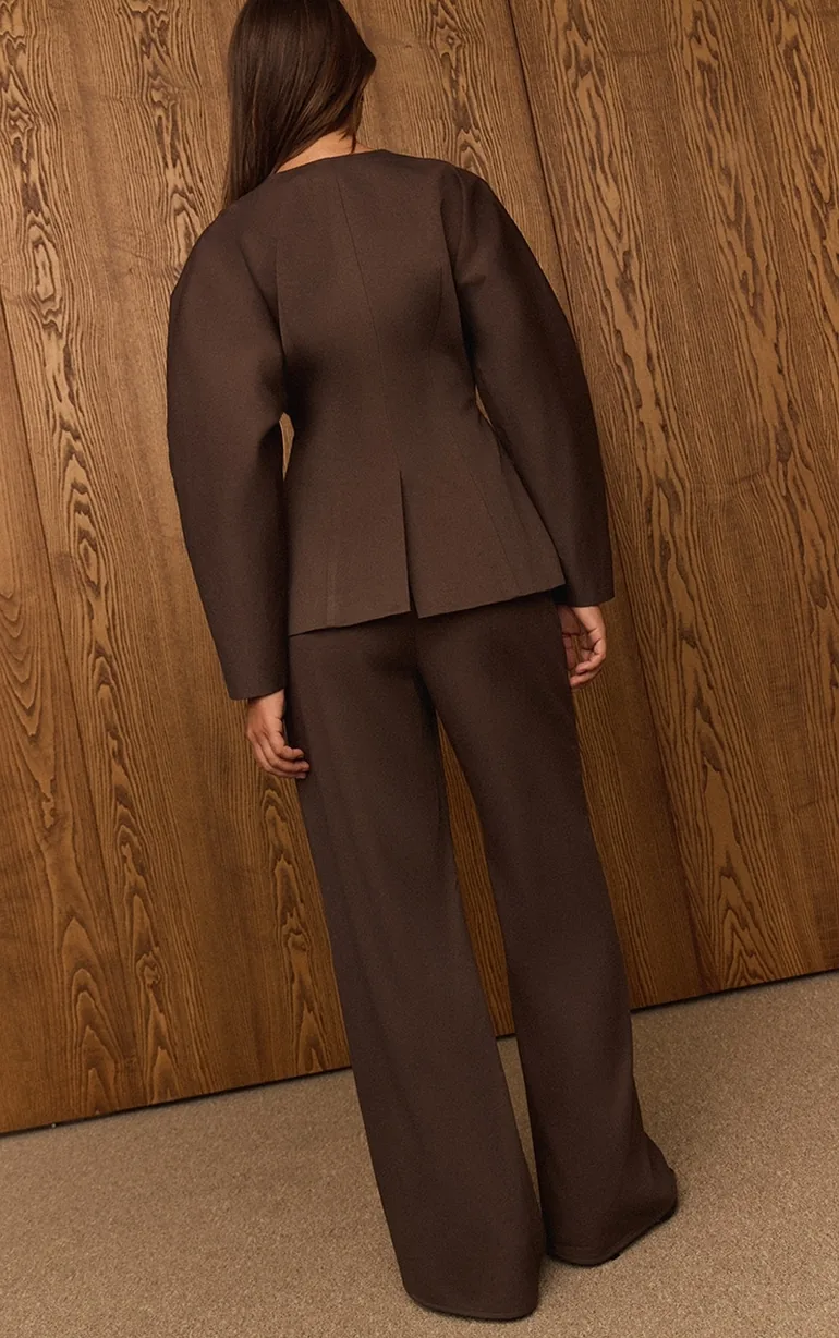 Dark Brown Premium Woven Tailored Wide Leg Pleated Pants - 2