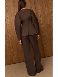 Dark Brown Premium Woven Tailored Wide Leg Pleated Pants - 2