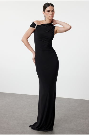 Black, Fitted, Stone Accessoryed, Woven Long Elegant Evening Dress