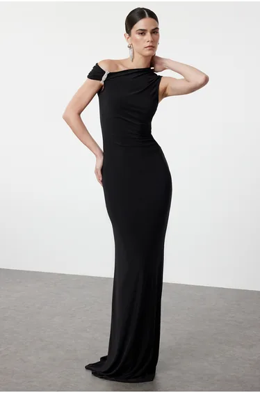 Black, Fitted, Stone Accessoryed, Woven Long Elegant Evening Dress