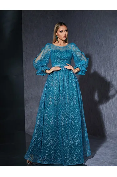 Leely Elegant Round Neck Split Sleeve Lace Evening Gown