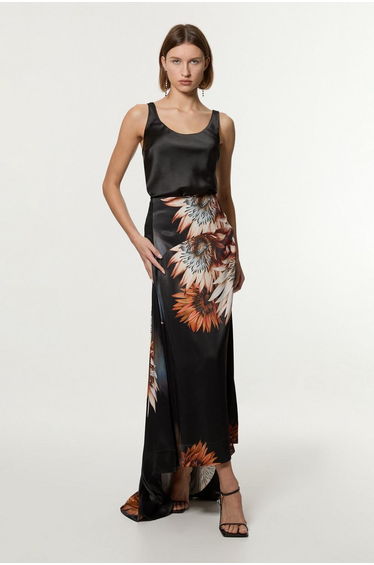Viscose Satin Printed Panelled Train Floor Length Skirt