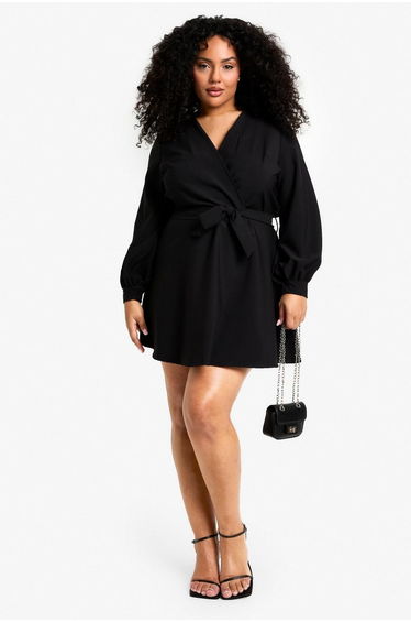 plus blouson sleeve mini wrap dress - black
