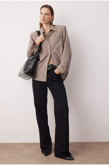 Beige-Multicolored Checkered Shoulder Pad Pack Wide Cuff Oversized Shirt