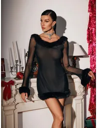 Christell Fur Trimmed Mesh Mini Dress - 2