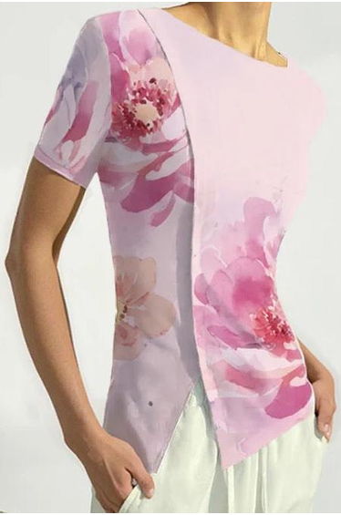 Short Sleeves Skinny Flower Print Split-Front Round-Neck T-Shirts Tops