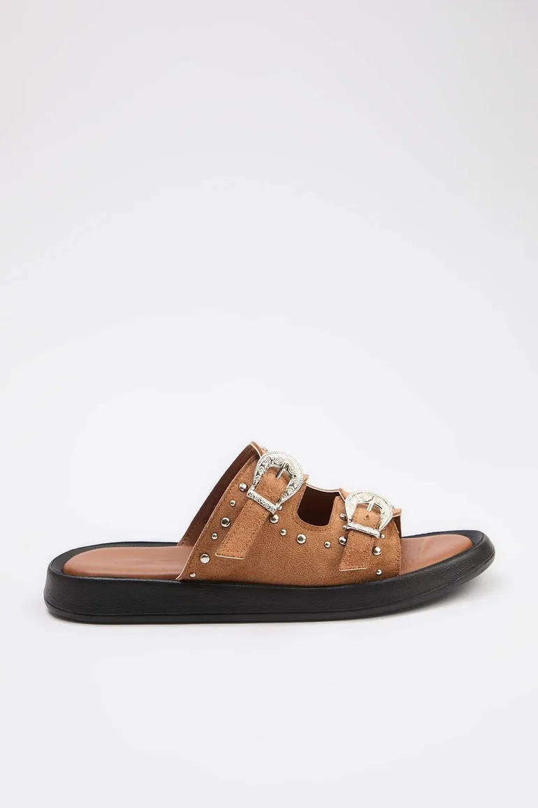 Taba Eyelet Detail Women's Double Strapped Antique Buckled Slipper - 1