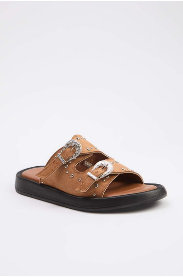 Taba Eyelet Detail Women's Double Strapped Antique Buckled Slipper