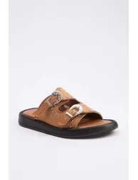 Taba Eyelet Detail Women's Double Strapped Antique Buckled Slipper