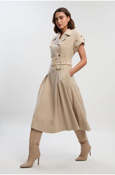 Polished Tailored Button Detail Pleated Midi Dress