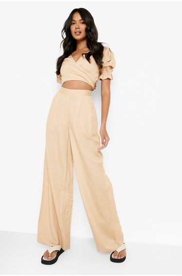 Linen Wide Leg Relaxed Fit Trousers - stone