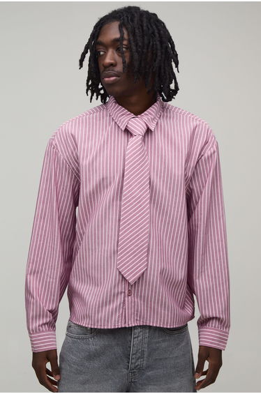 Oversized Boxy Stripe Shirt and Tie - red