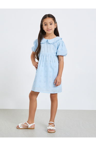 Girls Blue Schiffli Puff Sleeve Mini Dress