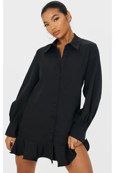 Black Frill Hem Shirt Dress
