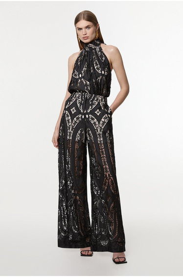 Tall Sheer Georgette Cutwork Woven Wide Leg Trouser