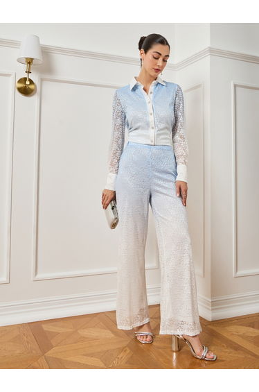 Women Blue Ombre Print Lace Shirt