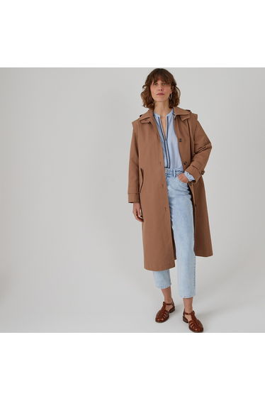 Buttoned Trench Coat with Detachable Hood in Cotton Mix