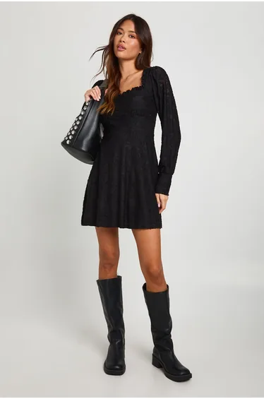 Burnout Floral Corset Milkmaid Mini Dress - black