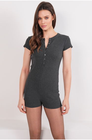 Women's Anthracite Crew Neck Corded Fabric Short Sleeve Jumpsuit Romper