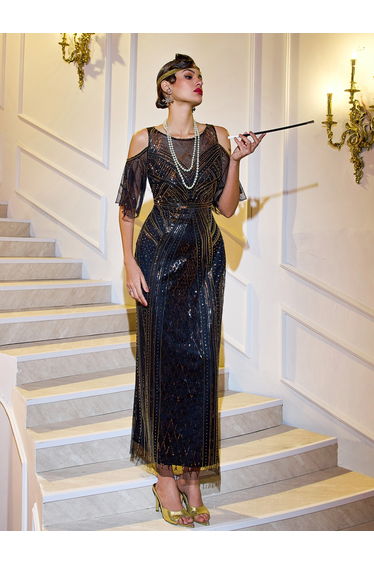 Modecrush Long Vintage Sequin Elegant Off-Shoulder Dress