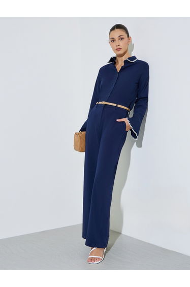 Navy Blue Cotton Fitted Shirt with Contrast Embroidery