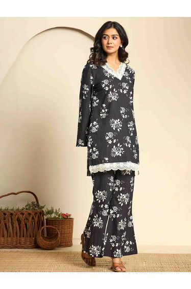 Women Black Printed Pure Cotton Tunic and Pants Co-Ords