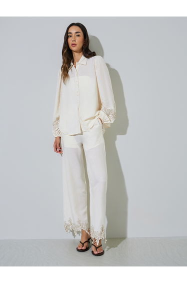 Off White Embroidered Cuff Sleeve Shirt