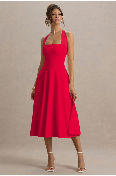 Auburn | Red Halter Skater Midi Dress